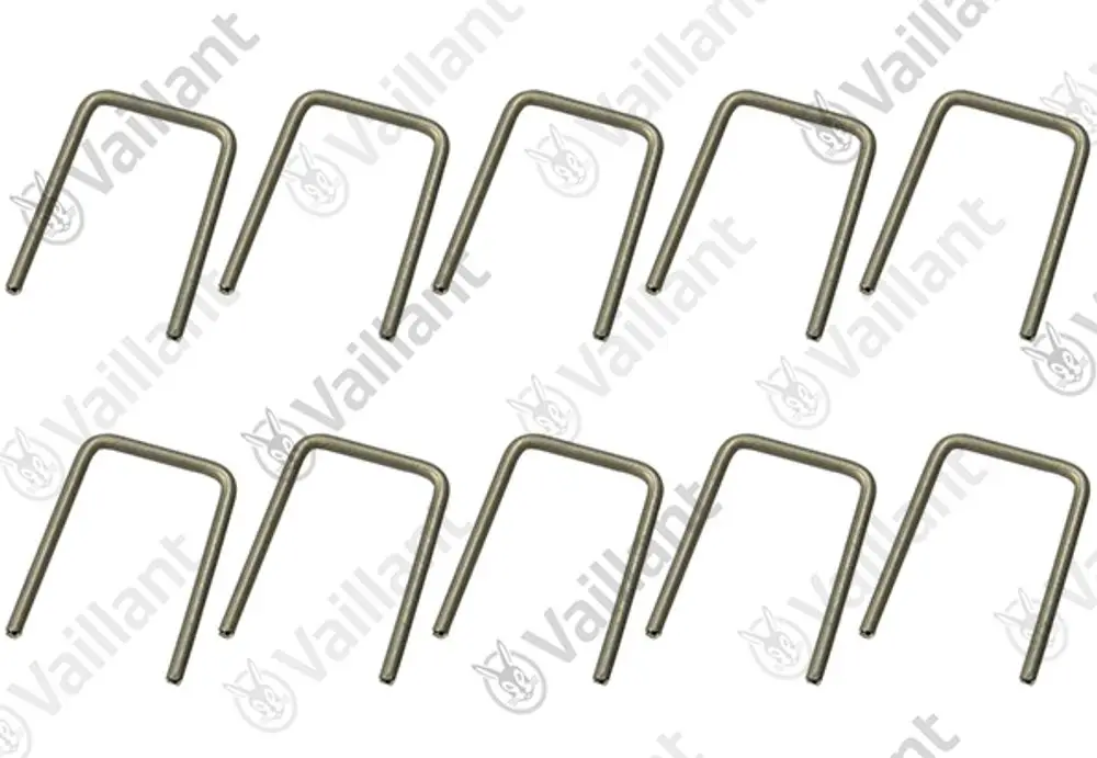 Zehn metallene Clips von Vaillant, U-förmig, für die Befestigung. Sie bestehen aus einem robusten Material und sind zur Montage vorgesehen.
